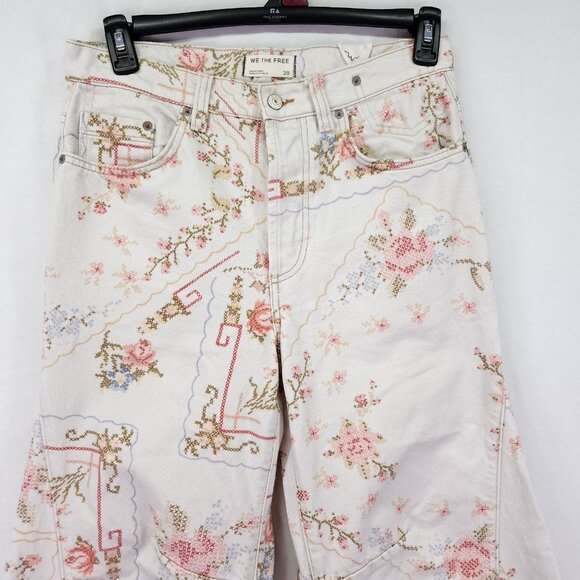 Free People Eden Printed High Slouchy Flare Jean Size 28 Floral Boho Button Fly - Picture 13 of 16